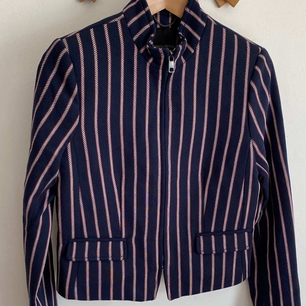 Banana Republic Navy Zipper Blazer with Red and White Stripes Sz6